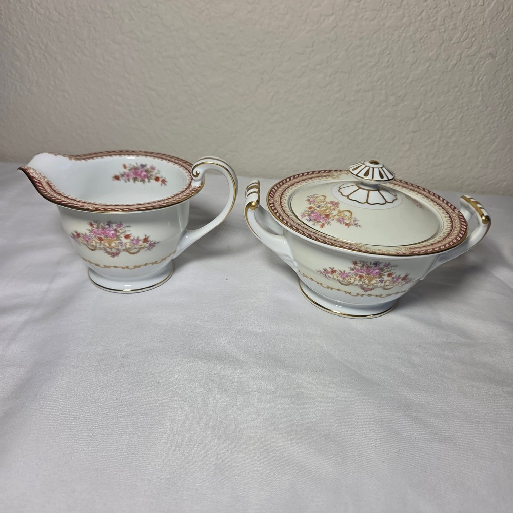 Noritake Vintage Floral Sugar Bowl and Creamer Set Gold Trim Made in Japan